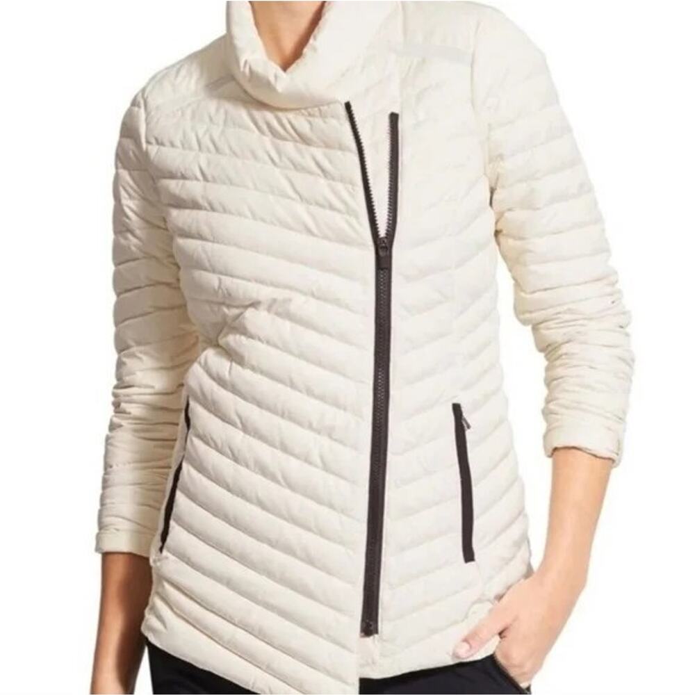 ATHLETA Women's Asymmetrical So Down Puffer Jacket in Ivory size XS with Pockets